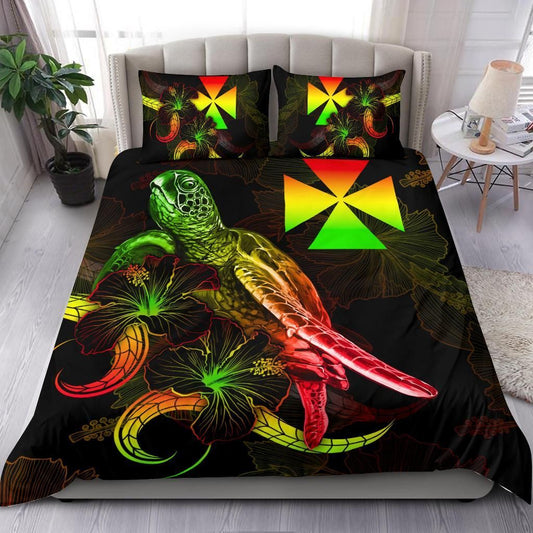 Wallis And Futuna Polynesian Bedding Set - Turtle With Blooming Hibiscus Reggae