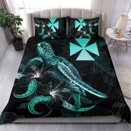 Wallis And Futuna Polynesian Bedding Set - Turtle With Blooming Hibiscus Turquoise