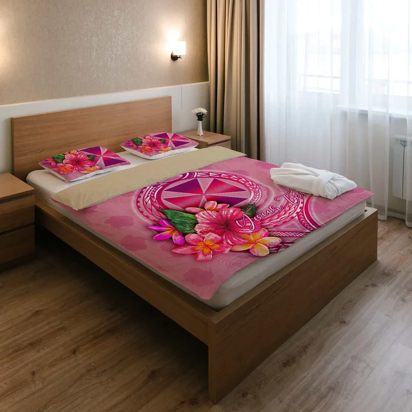 Wallis And Futuna Polynesian Custom Personalised Bedding Set - Floral With Seal Pink