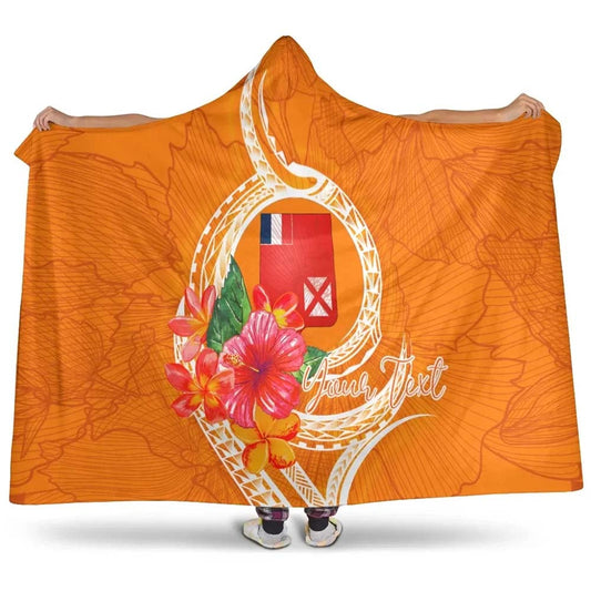 Wallis And Futuna Polynesian Custom Personalised Hooded Blanket - Orange Floral With Seal