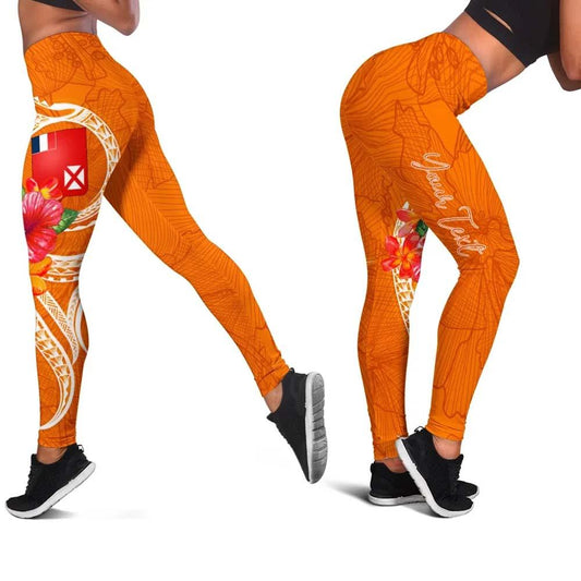 Wallis And Futuna Polynesian Custom Personalised Legging - Orange Floral With Seal