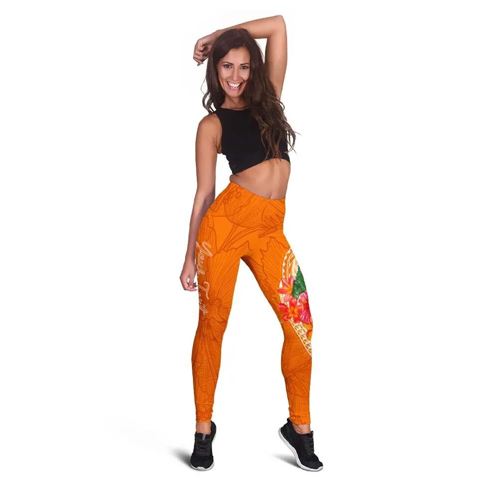 Wallis And Futuna Polynesian Custom Personalised Legging - Orange Floral With Seal