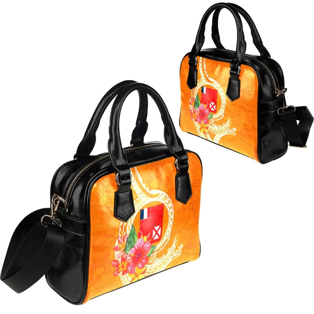 Wallis And Futuna Polynesian Custom Personalised Shoulder Handbag - Orange Floral With Seal