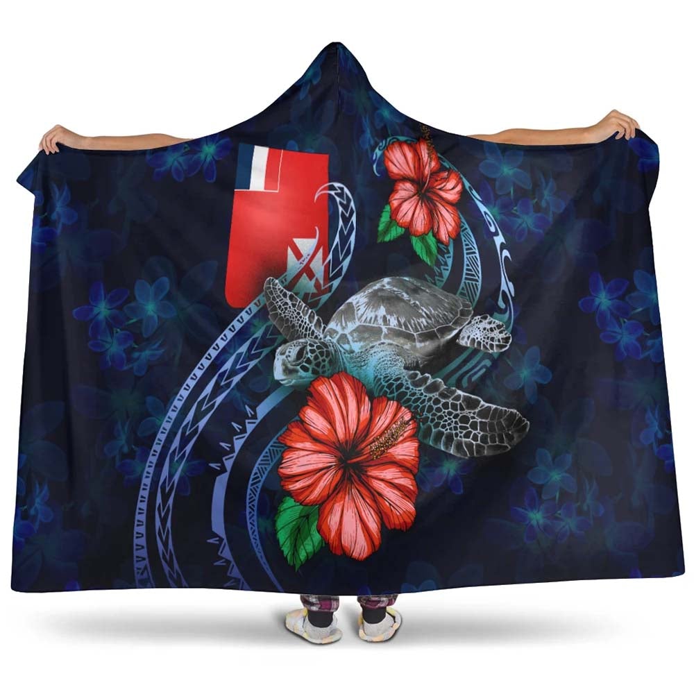 Wallis and Futuna Polynesian Hooded Blanket - Blue Turtle Hibiscus
