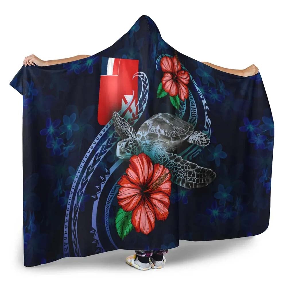 Wallis and Futuna Polynesian Hooded Blanket - Blue Turtle Hibiscus