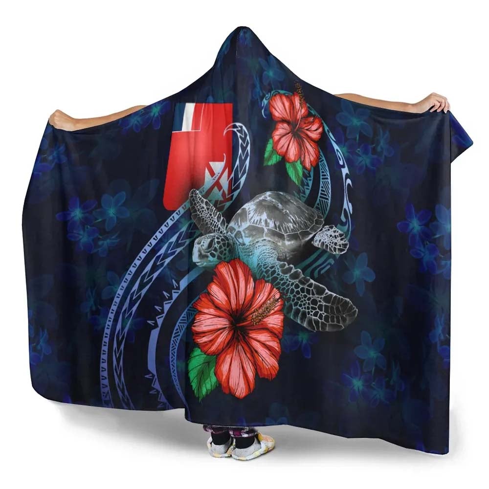 Wallis and Futuna Polynesian Hooded Blanket - Blue Turtle Hibiscus