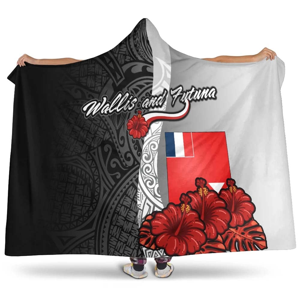 Wallis and Futuna Polynesian Hooded Blanket- Coat Of Arm With Hibiscus White