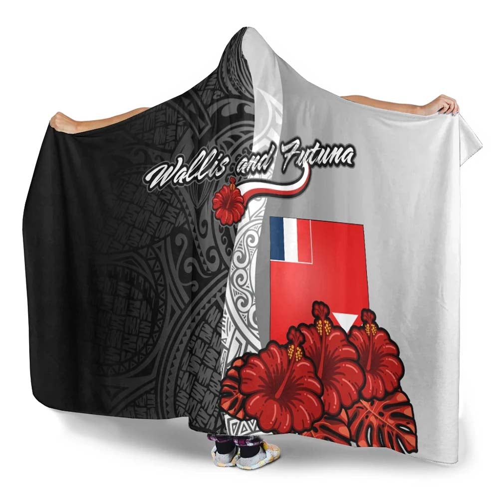 Wallis and Futuna Polynesian Hooded Blanket- Coat Of Arm With Hibiscus White