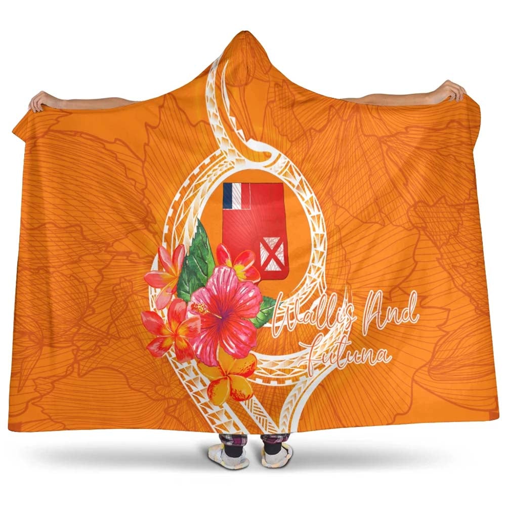 Wallis And Futuna Polynesian Hooded Blanket - Orange Floral With Seal