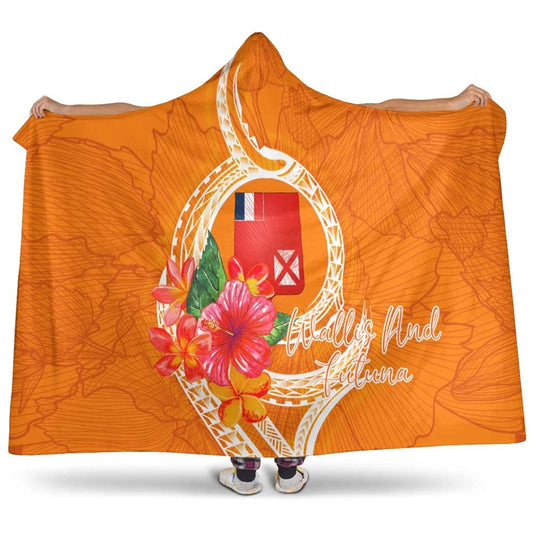 Wallis And Futuna Polynesian Hooded Blanket - Orange Floral With Seal