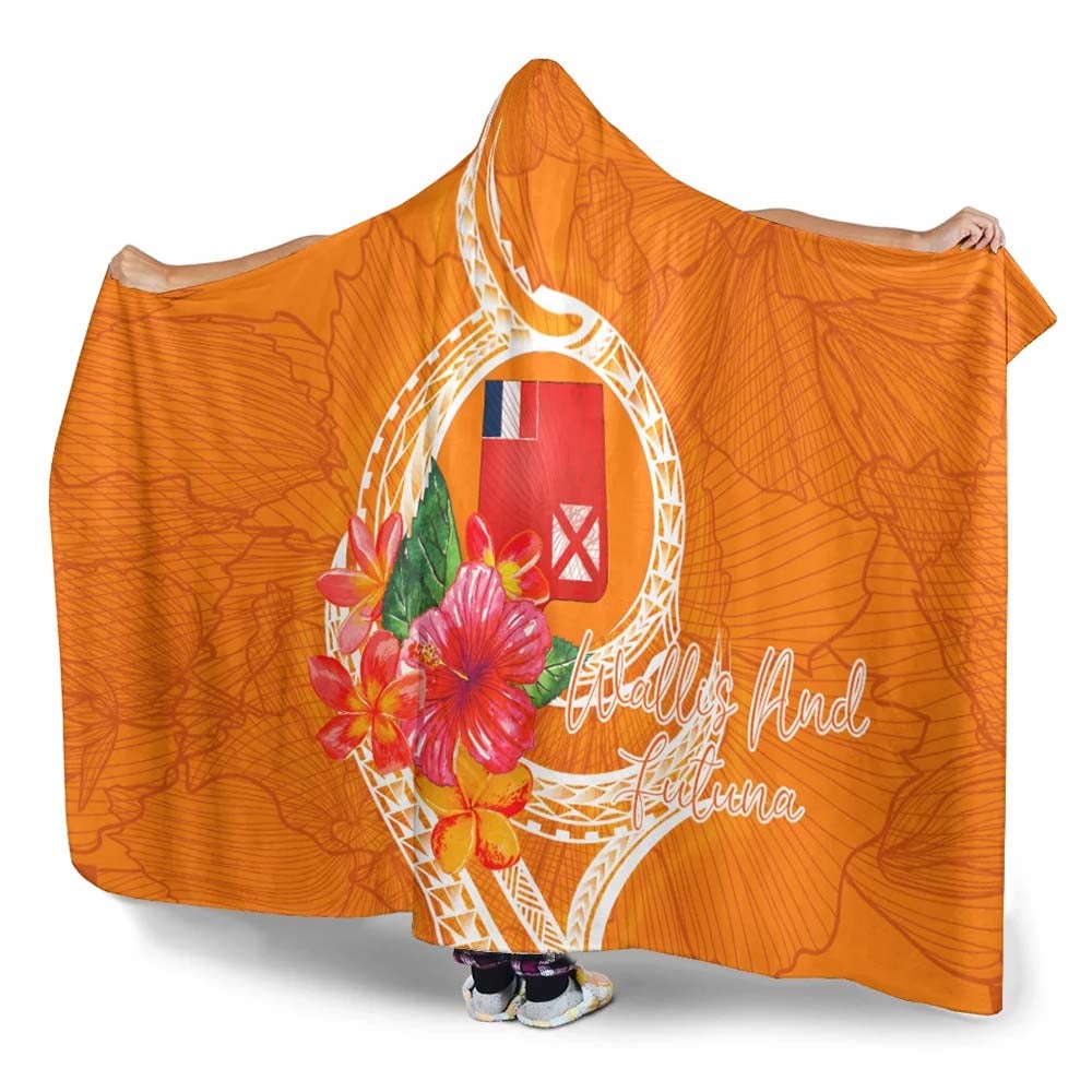 Wallis And Futuna Polynesian Hooded Blanket - Orange Floral With Seal