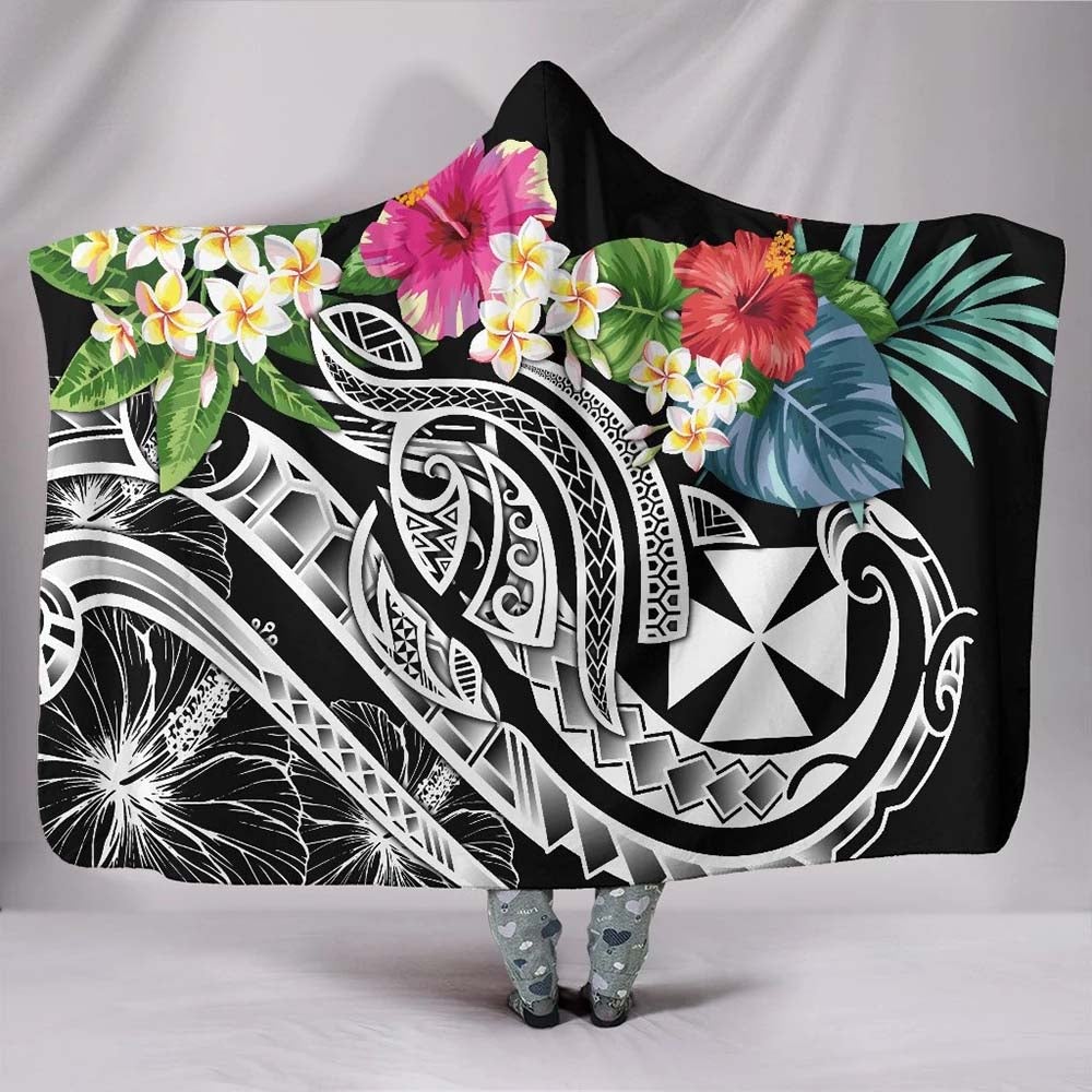 Wallis and Futuna Polynesian Hooded Blanket - Summer Plumeria (Black)