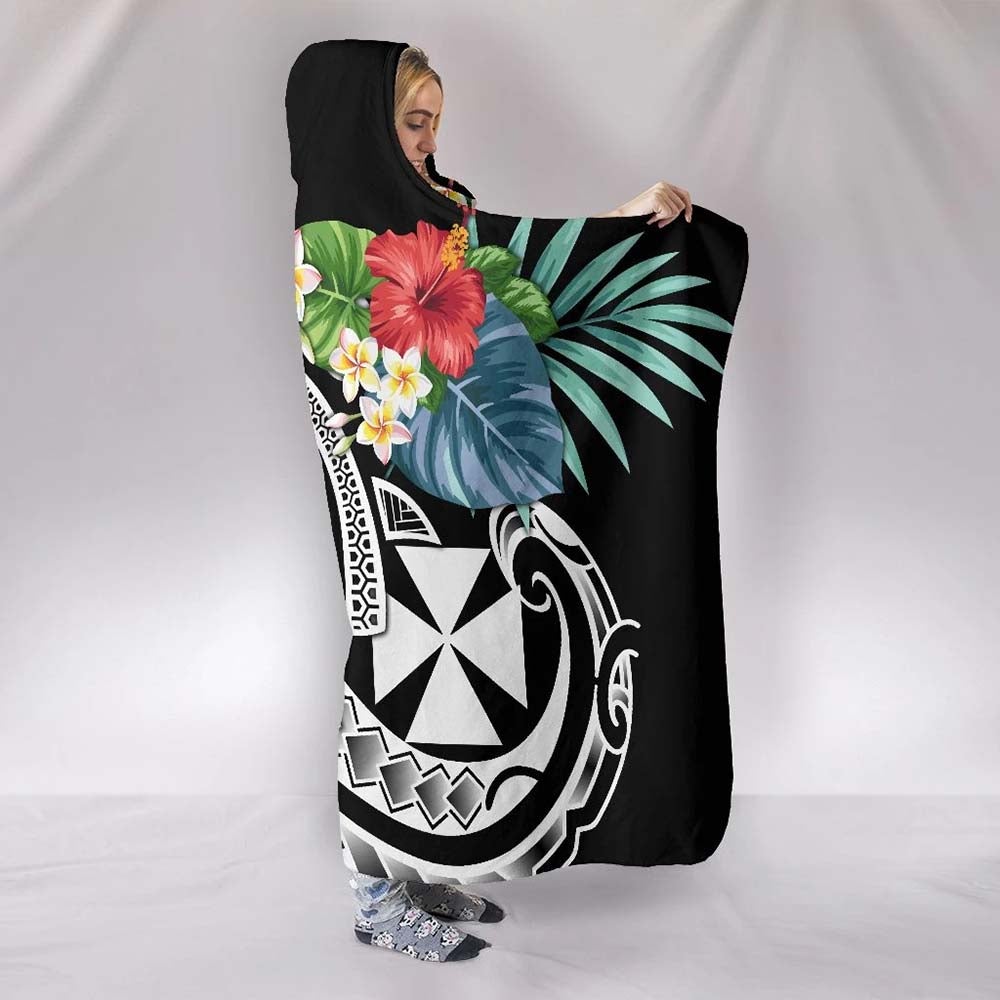Wallis and Futuna Polynesian Hooded Blanket - Summer Plumeria (Black)