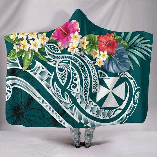 Wallis and Futuna Polynesian Hooded Blanket - Summer Plumeria (Turquoise)
