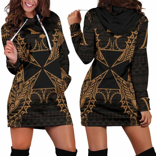Wallis And Futuna Polynesian Hoodie Dress Map Gold