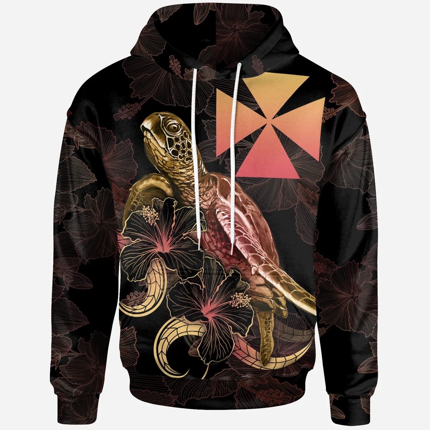 Wallis And Futuna Polynesian Hoodie - Turtle With Blooming Hibiscus Gold