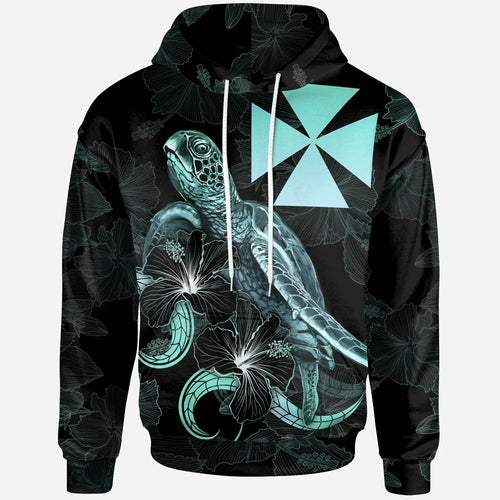 Wallis and Futuna Polynesian Hoodie - Turtle With Blooming Hibiscus Turquoise