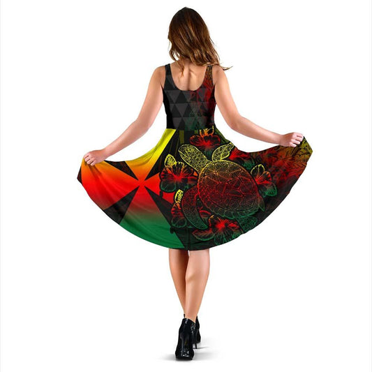 Wallis And Futuna Polynesian Midi Dress - Turtle Hibiscus Reggae
