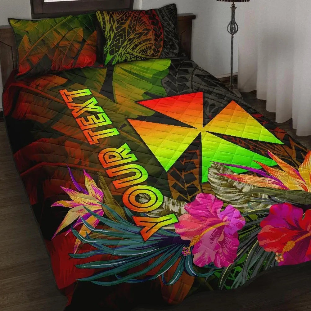 Wallis and Futuna Polynesian Personalised Quilt Bed Set - Hibiscus and Banana Leaves