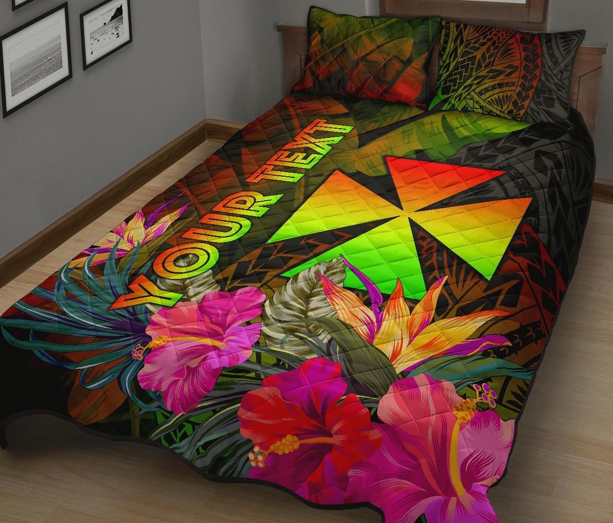 Wallis and Futuna Polynesian Personalised Quilt Bed Set - Hibiscus and Banana Leaves