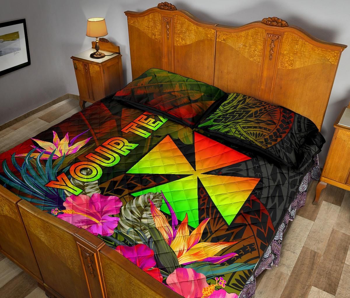 Wallis and Futuna Polynesian Personalised Quilt Bed Set - Hibiscus and Banana Leaves