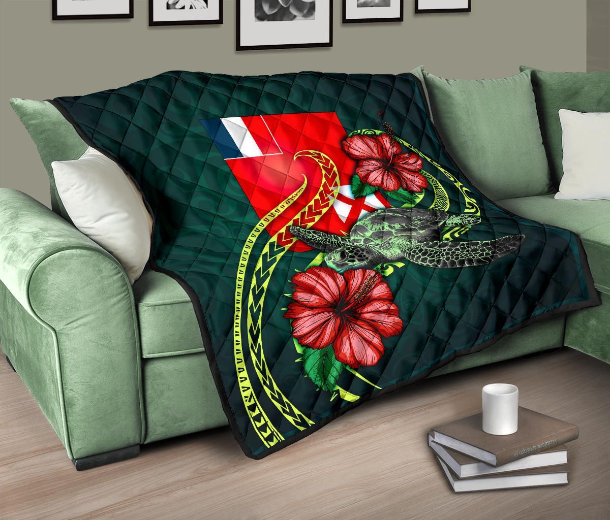 Wallis and Futuna Polynesian Premium Quilt - Green Turtle Hibiscus