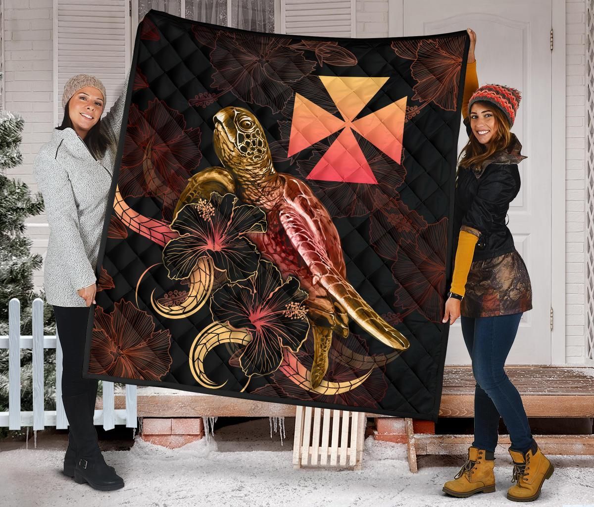 Wallis And Futuna Polynesian Premium Quilt - Turtle With Blooming Hibiscus Gold