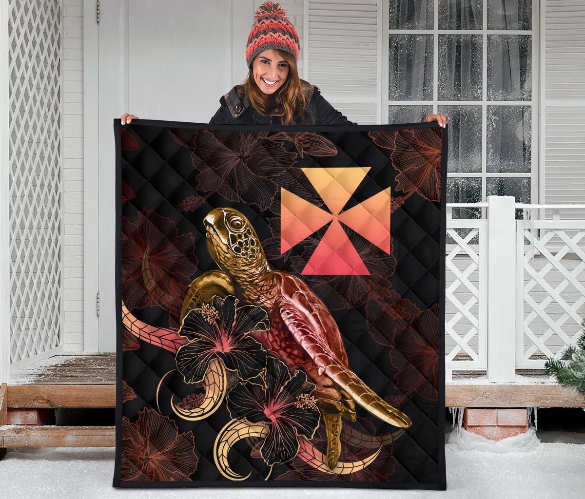 Wallis And Futuna Polynesian Premium Quilt - Turtle With Blooming Hibiscus Gold