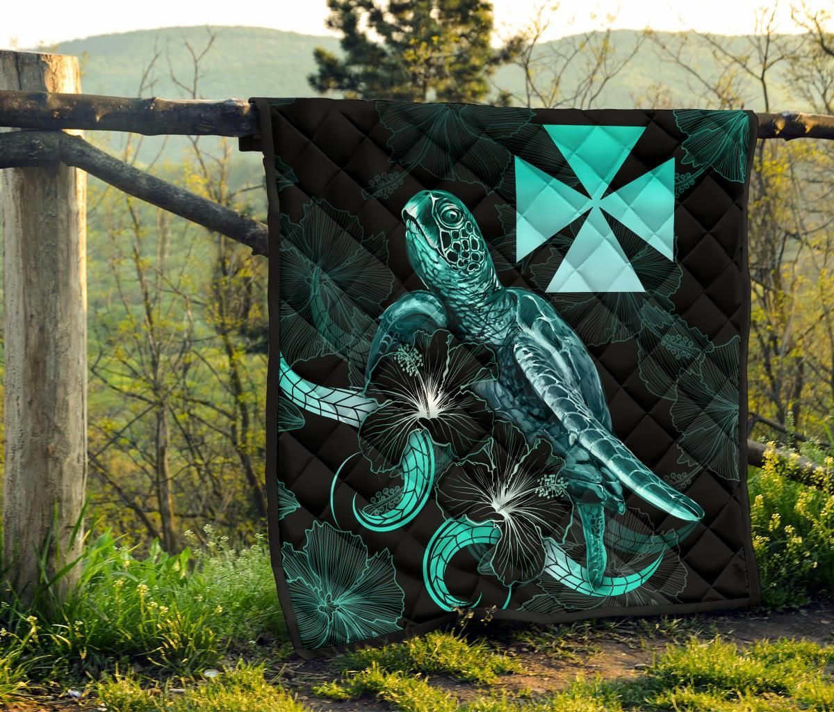Wallis and Futuna Polynesian Premium Quilt - Turtle With Blooming Hibiscus Turquoise