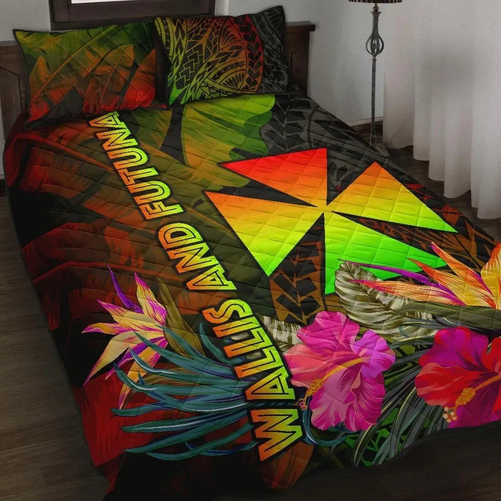 Wallis and Futuna Polynesian Quilt Bed Set - Hibiscus and Banana Leaves