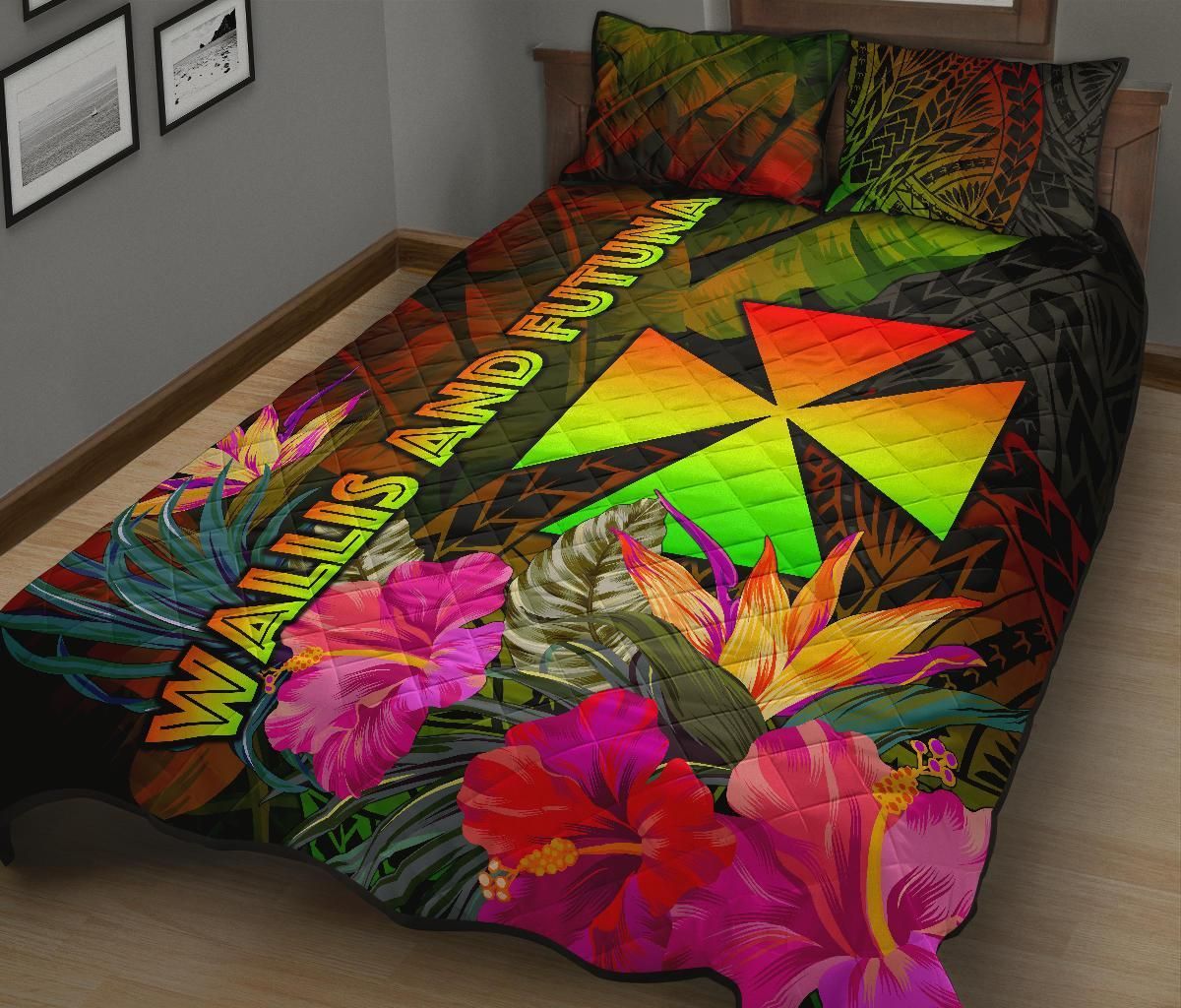 Wallis and Futuna Polynesian Quilt Bed Set - Hibiscus and Banana Leaves