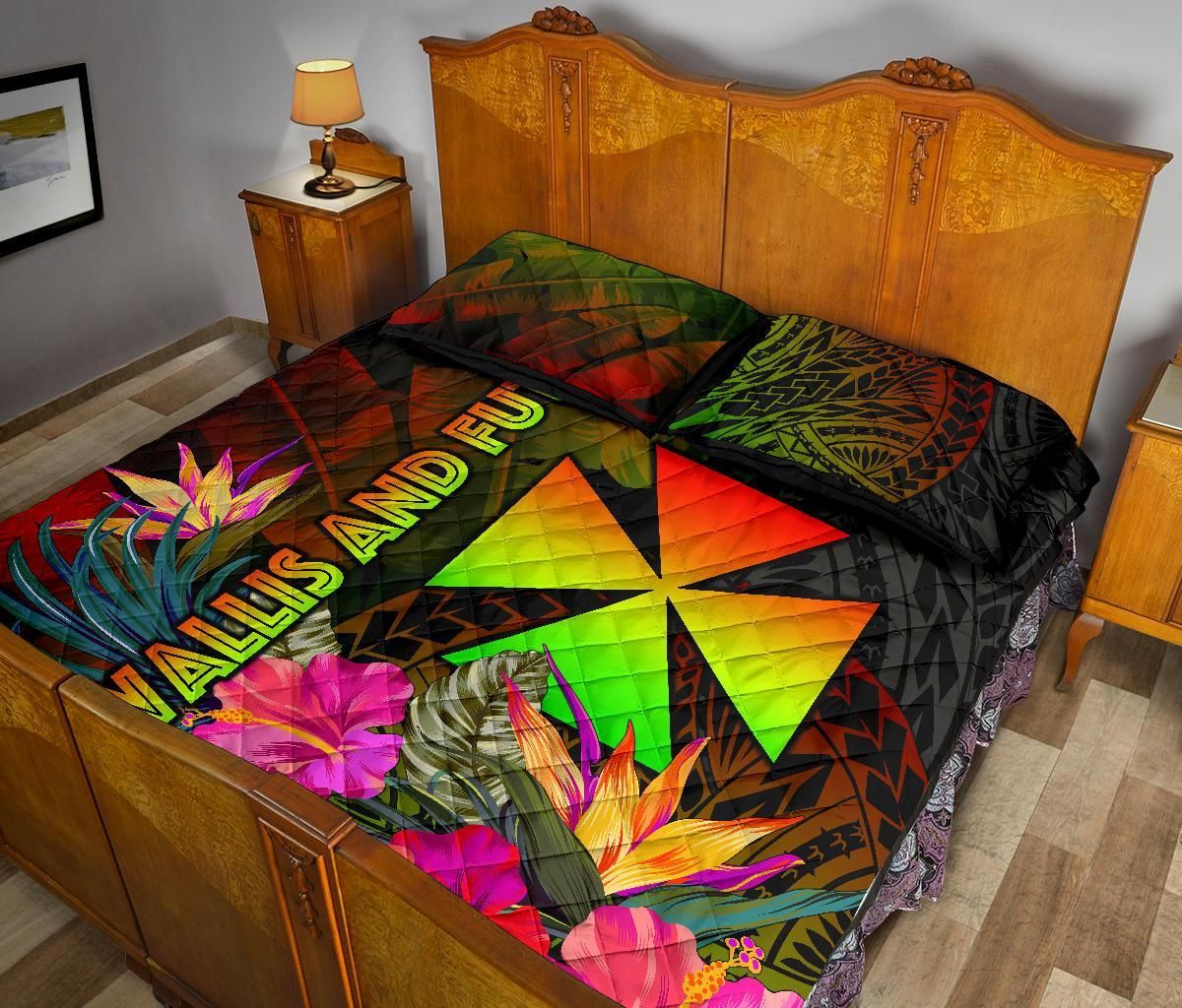Wallis and Futuna Polynesian Quilt Bed Set - Hibiscus and Banana Leaves