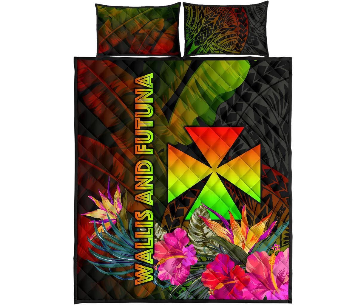 Wallis and Futuna Polynesian Quilt Bed Set - Hibiscus and Banana Leaves
