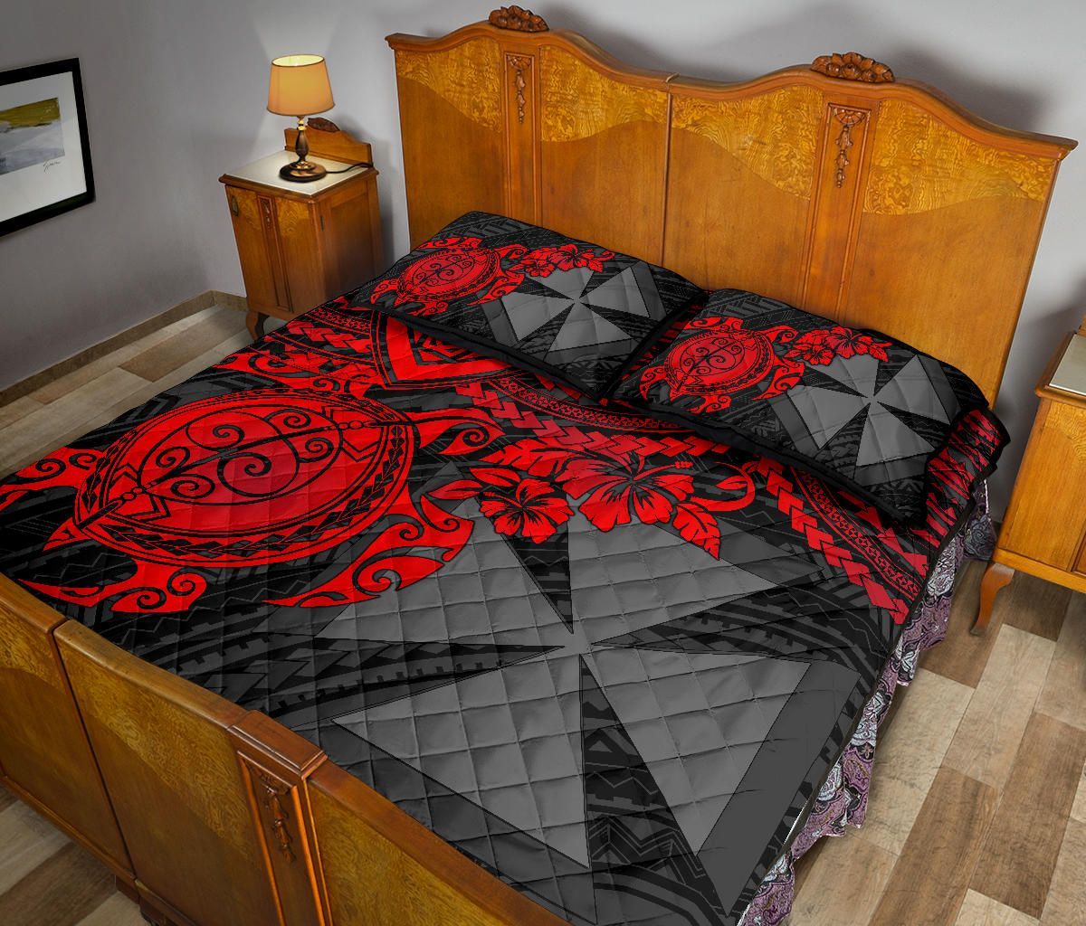 Wallis and Futuna Polynesian Quilt Bed Set - Wallis and Futuna & Red Turtle Hibiscus