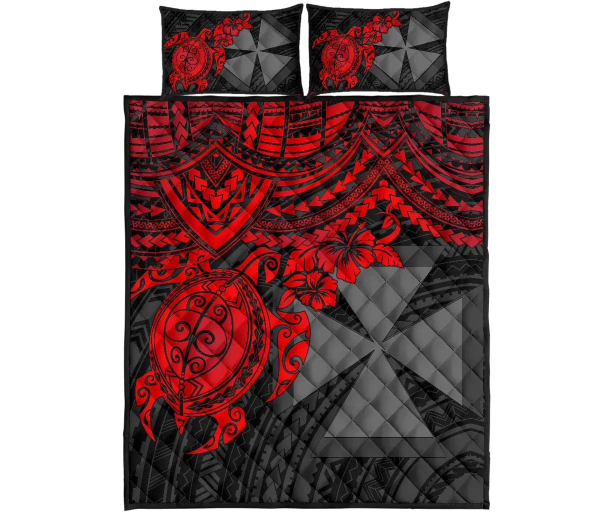 Wallis and Futuna Polynesian Quilt Bed Set - Wallis and Futuna & Red Turtle Hibiscus