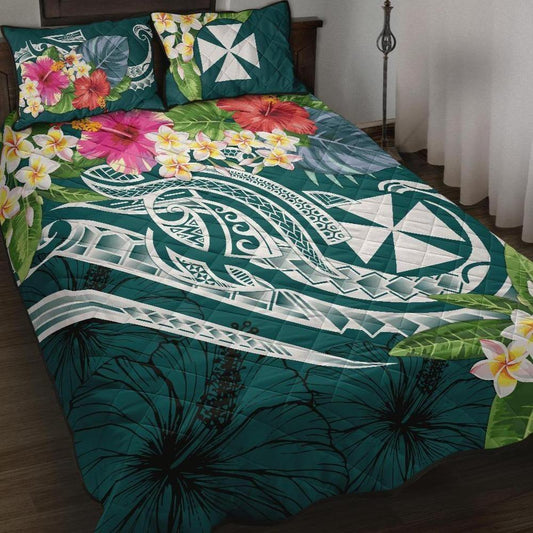 Wallis and Futuna Polynesian Quilt Bed Set - Summer Plumeria (Turquoise)