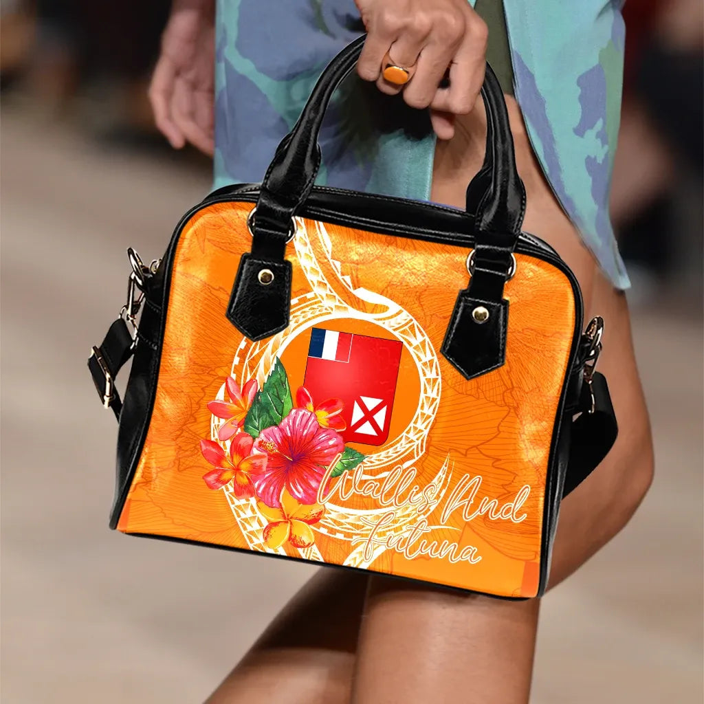 Wallis And Futuna Polynesian Shoulder Handbag - Orange Floral With Seal