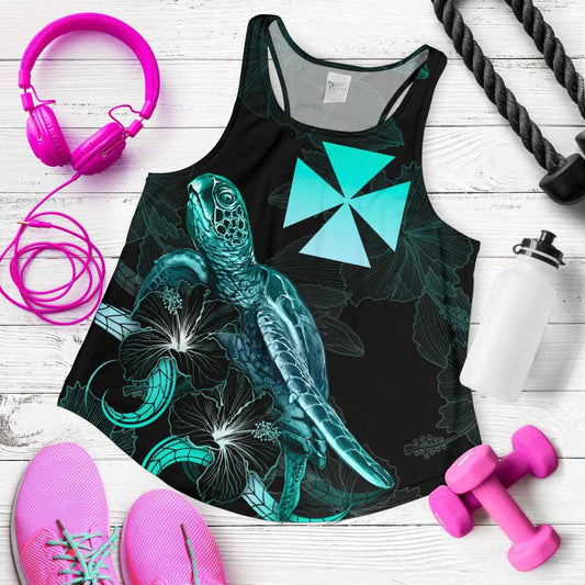 Wallis and Futuna Polynesian Women Tank Top - Turtle With Blooming Hibiscus Turquoise