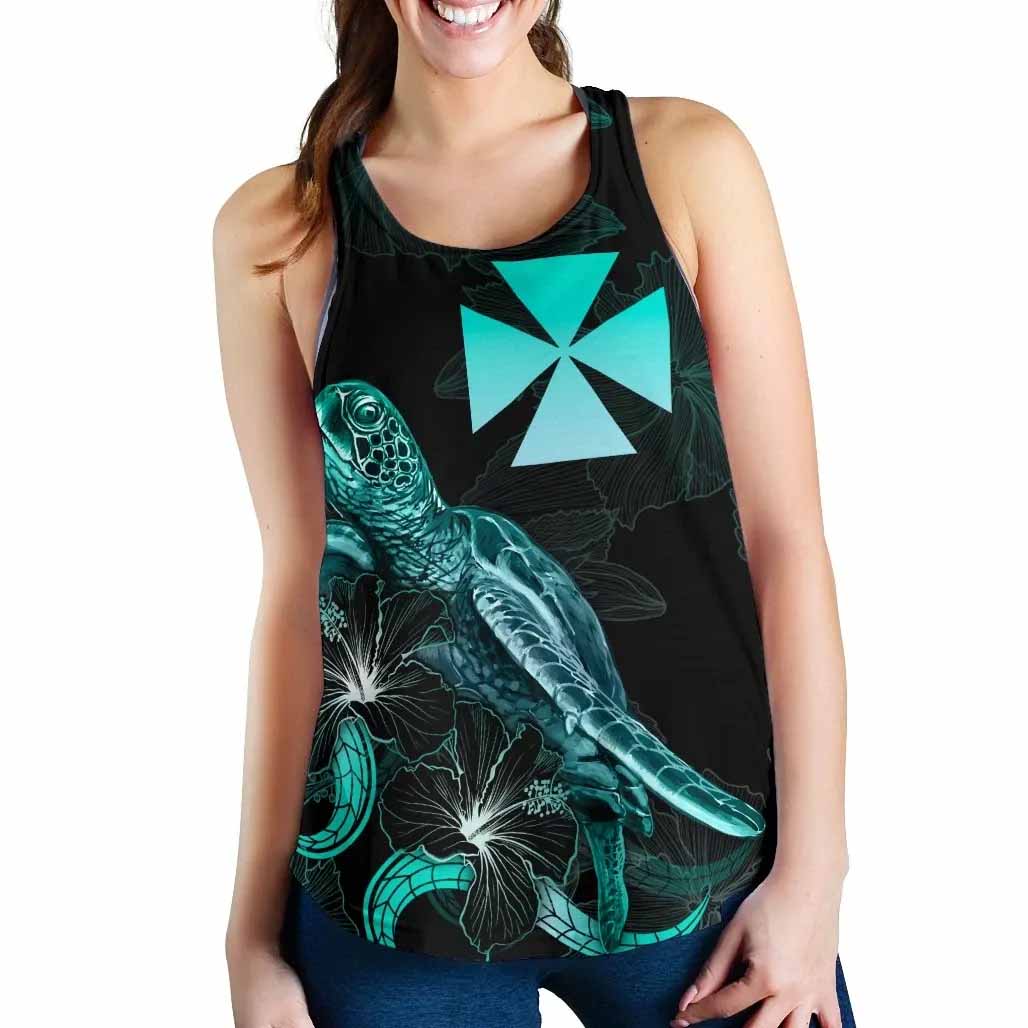 Wallis and Futuna Polynesian Women Tank Top - Turtle With Blooming Hibiscus Turquoise