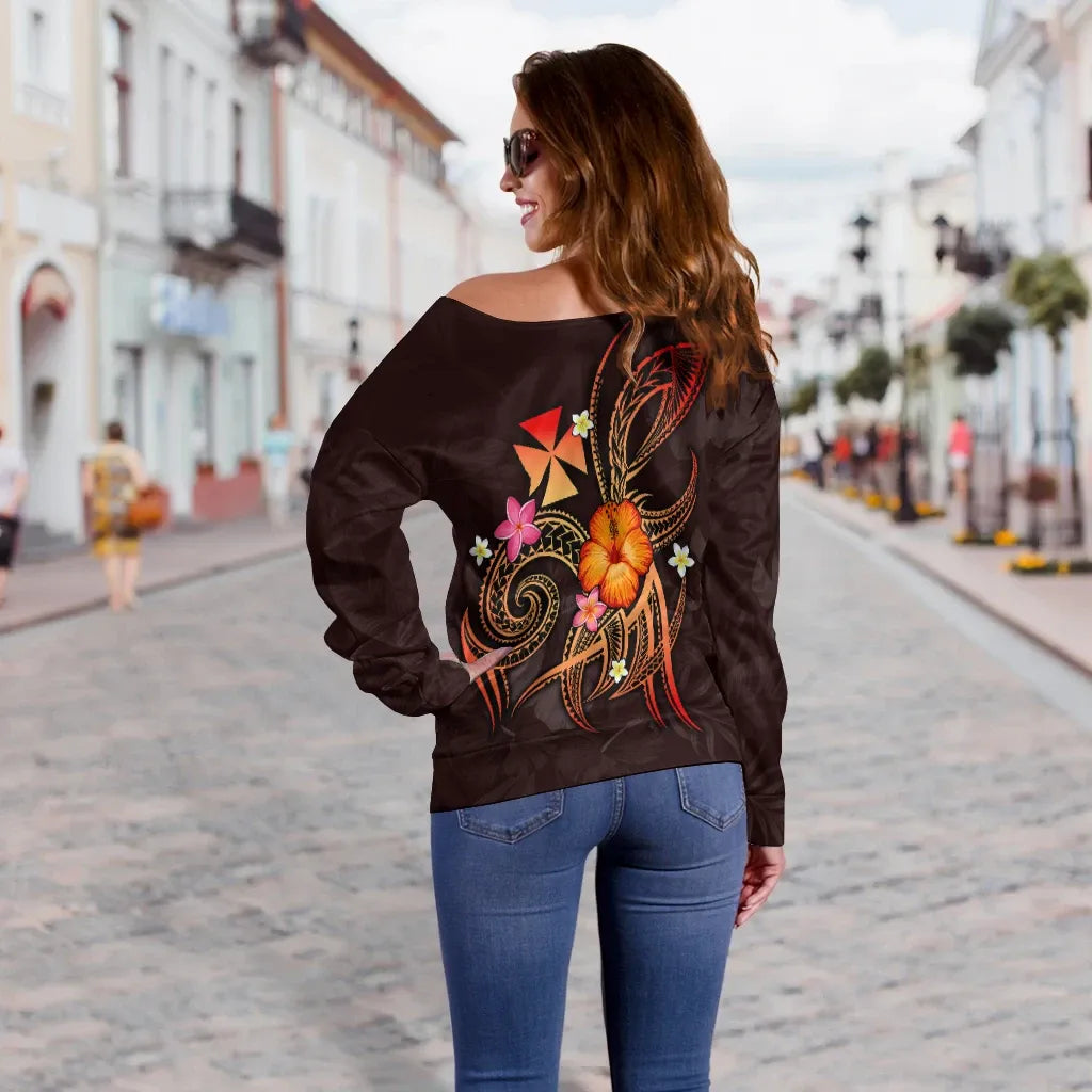 Wallis and Futuna Polynesian Women Off Shoulder Sweater - Legend of Wallis and Futuna (Red)