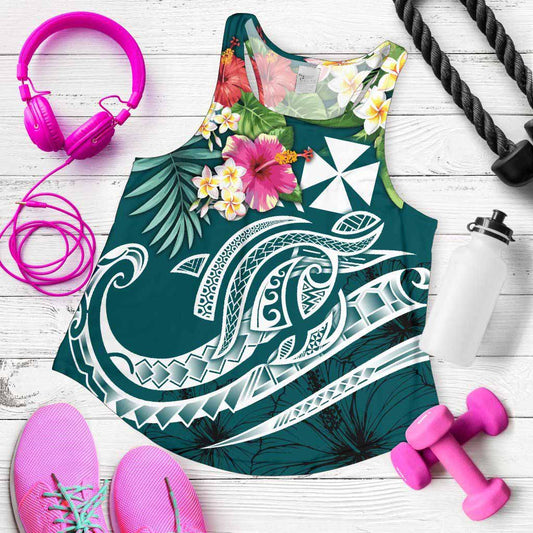 Wallis and Futuna Polynesian Women Racerback Tank - Summer Plumeria (Turquoise)