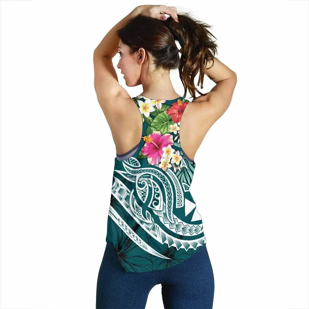 Wallis and Futuna Polynesian Women Racerback Tank - Summer Plumeria (Turquoise)