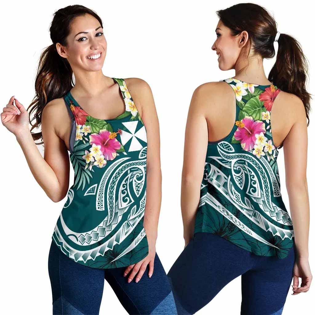 Wallis and Futuna Polynesian Women Racerback Tank - Summer Plumeria (Turquoise)