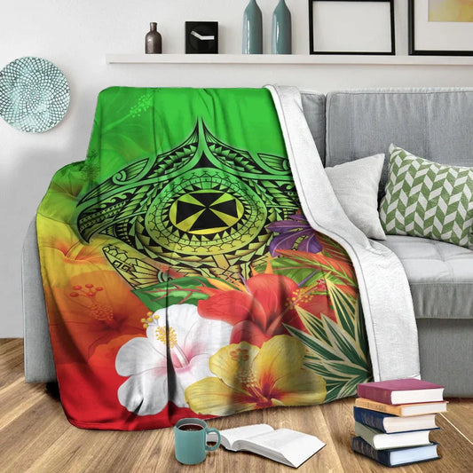 Wallis and Futuna Premium Blanket - Manta Ray Tropical Flowers (Green)