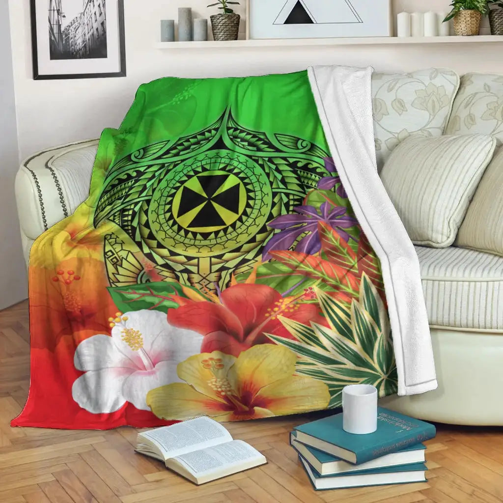 Wallis and Futuna Premium Blanket - Manta Ray Tropical Flowers (Green)