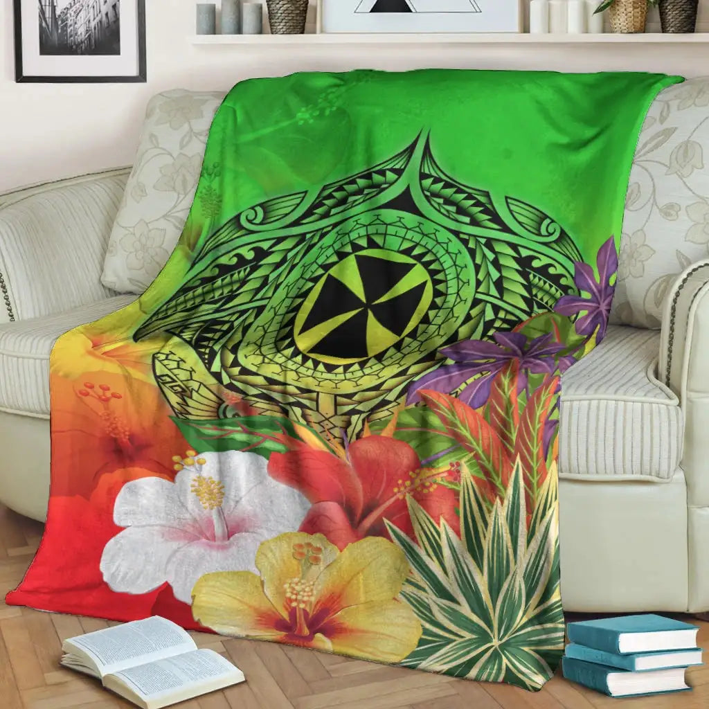 Wallis and Futuna Premium Blanket - Manta Ray Tropical Flowers (Green)