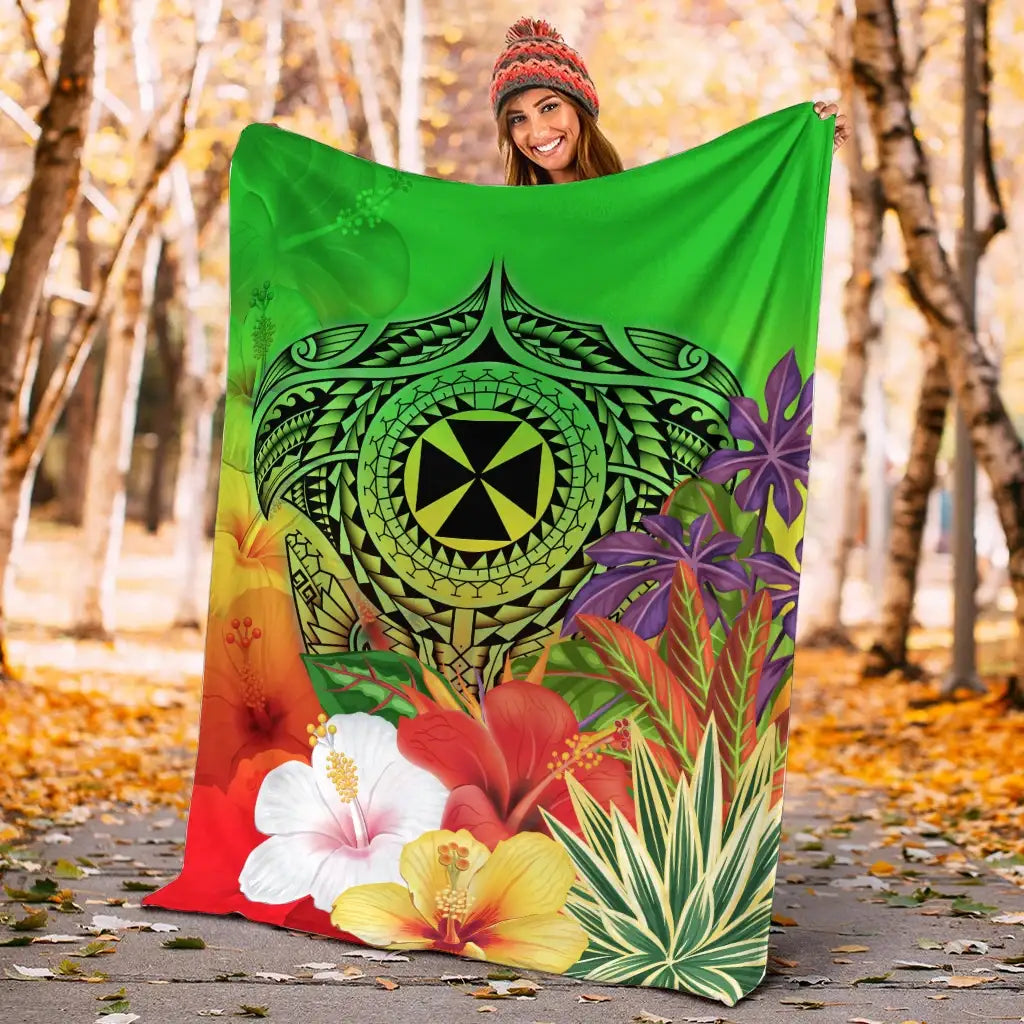 Wallis and Futuna Premium Blanket - Manta Ray Tropical Flowers (Green)