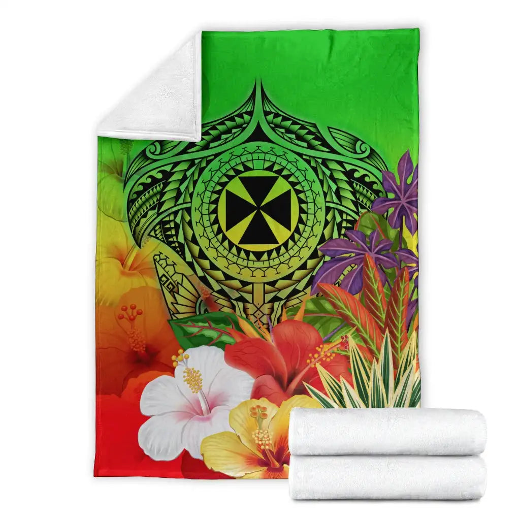 Wallis and Futuna Premium Blanket - Manta Ray Tropical Flowers (Green)