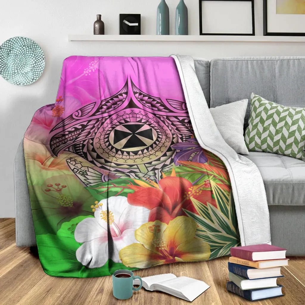 Wallis and Futuna Premium Blanket - Manta Ray Tropical Flowers
