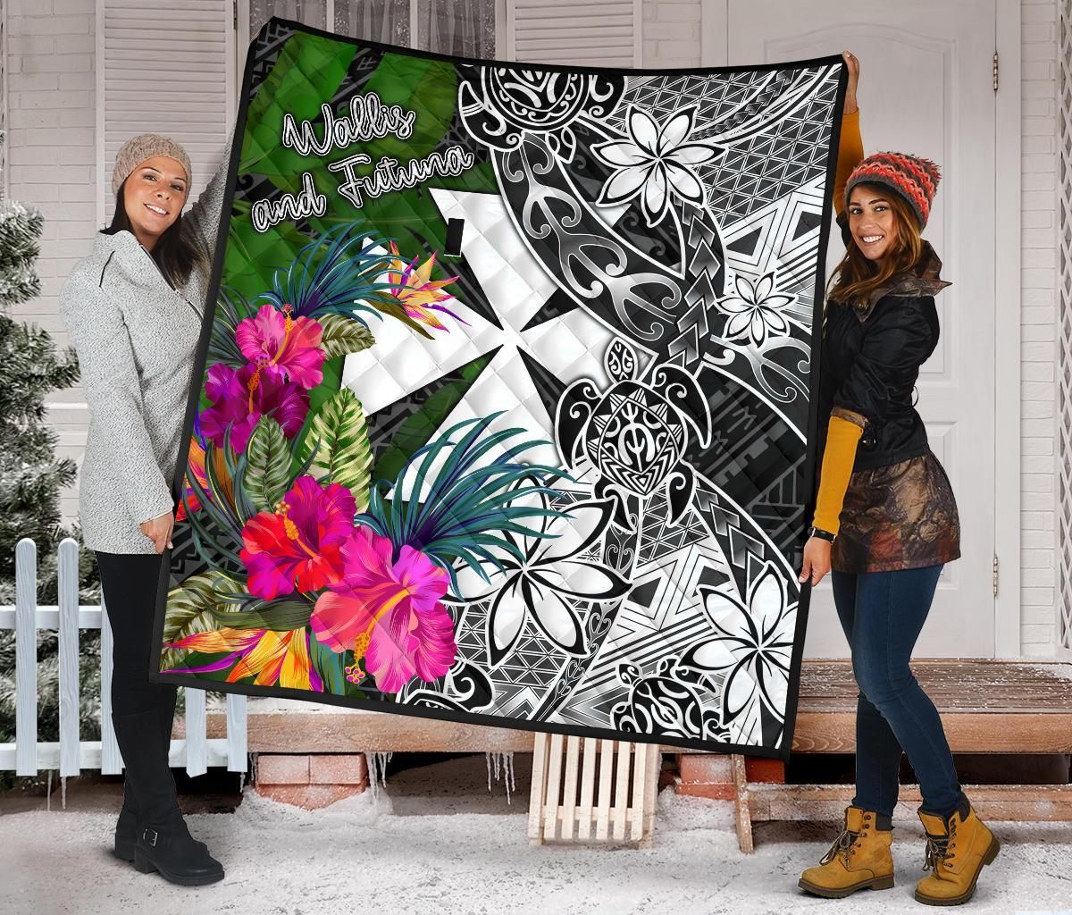 Wallis and Futuna Premium Quilt - Turtle Plumeria Banana Leaf